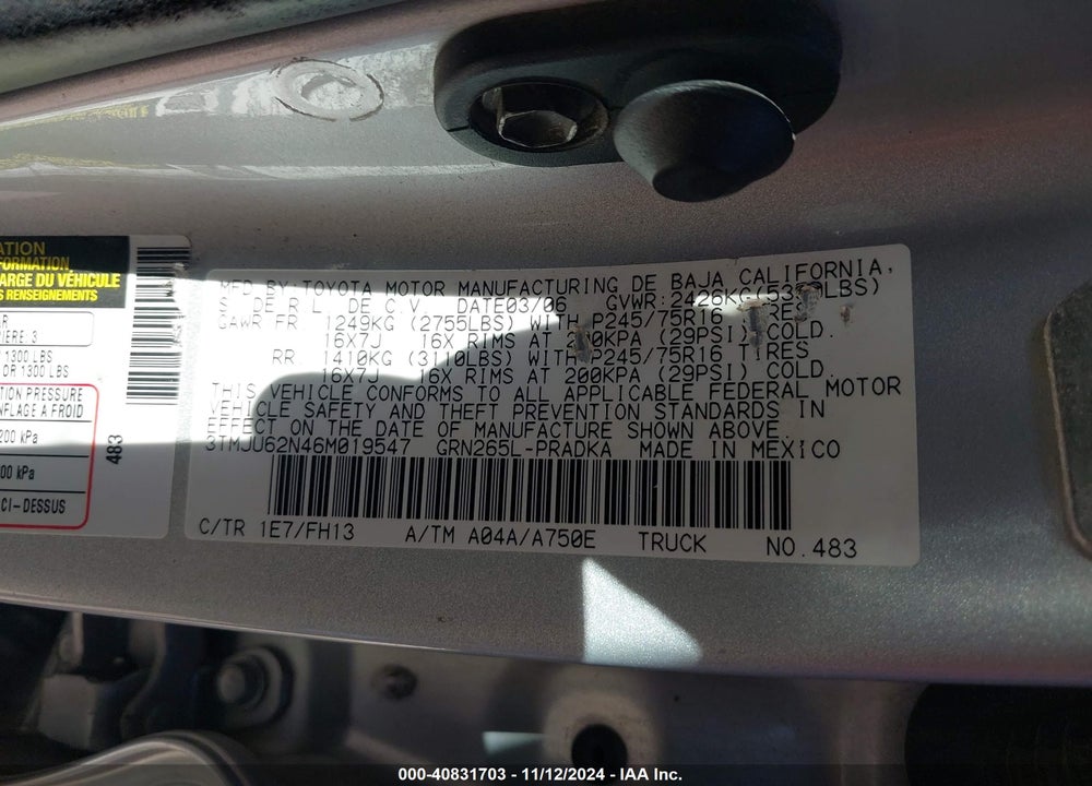 2006 TOYOTA TACOMA PRERUNNER V6 VIN: 3TMJU62N46M019547
