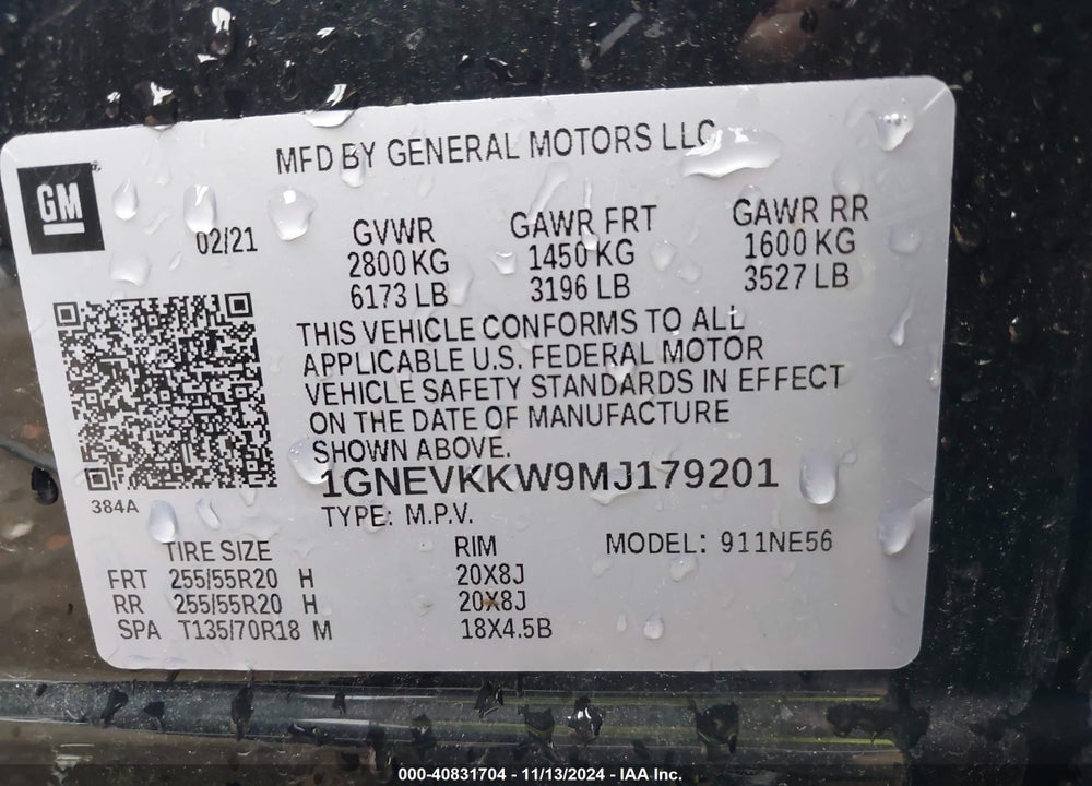 2021 CHEVROLET TRAVERSE AWD PREMIER VIN: 1GNEVKKW9MJ179201