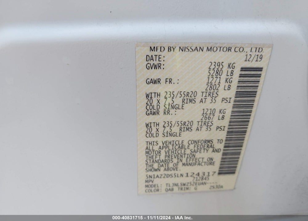 2020 NISSAN MURANO PLATINUM INTELLIGENT AWD VIN: 5N1AZ2DS5LN124317