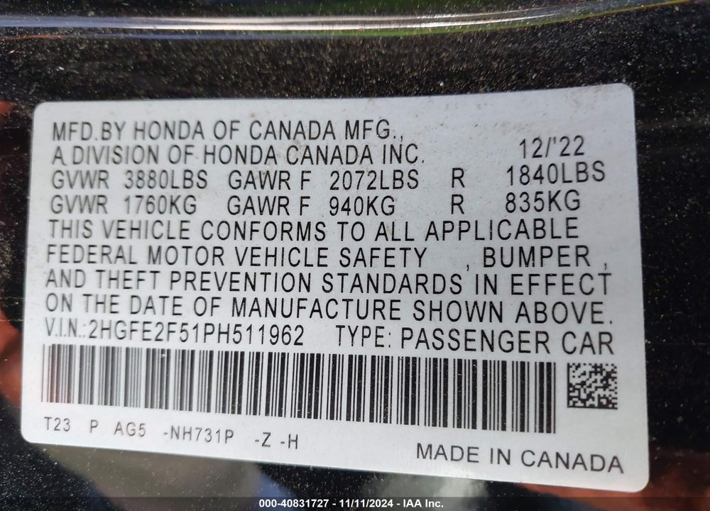 2023 HONDA CIVIC SPORT VIN: 2HGFE2F51PH511962