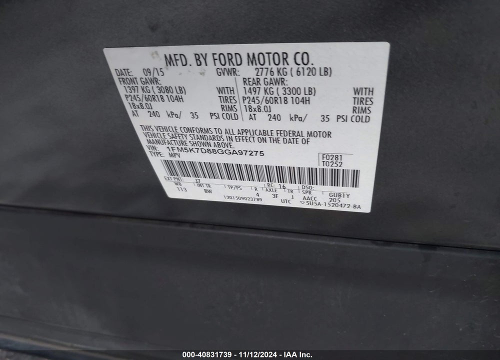 2016 FORD EXPLORER XLT VIN: 1FM5K7D88GGA97275