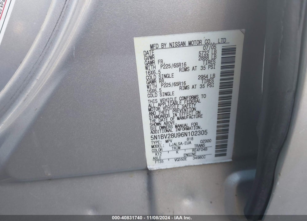 2006 NISSAN QUEST VIN: 5N1BV28U96N102305