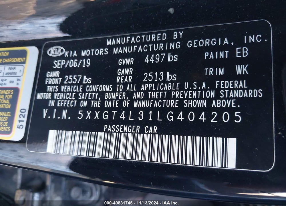 2020 KIA OPTIMA LX VIN: 5XXGT4L31LG404205