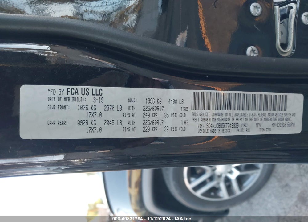 2019 JEEP COMPASS SUN AND WHEEL FWD VIN: 3C4NJCBB5KT743939