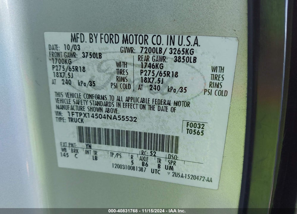 2004 FORD F-150 FX4/LARIAT/XL/XLT VIN: 1FTPX14504NA55532
