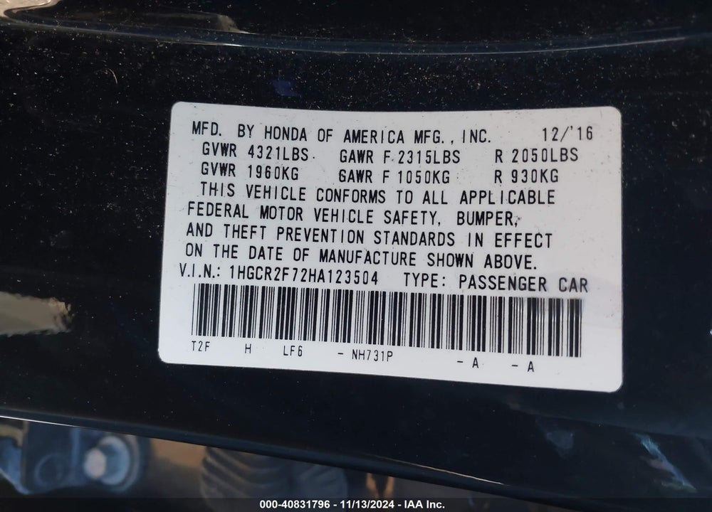 2017 HONDA ACCORD EX VIN: 1HGCR2F72HA123504