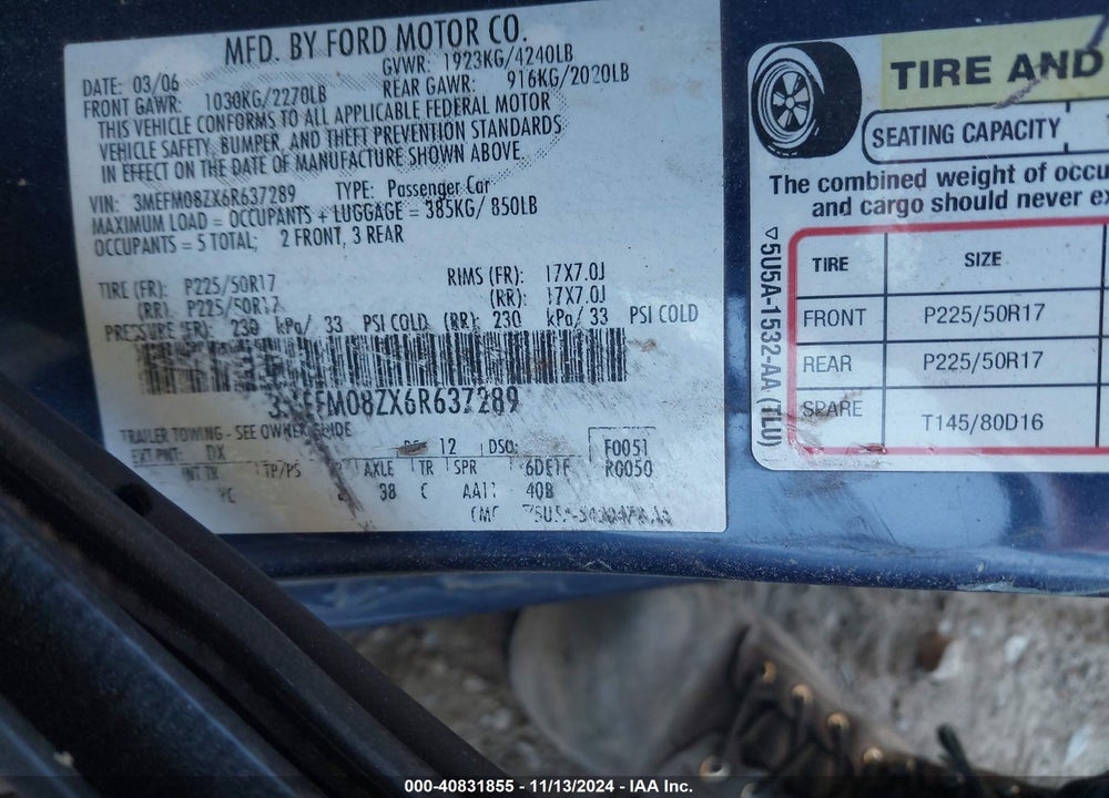 2006 MERCURY MILAN I4 PREMIER VIN: 3MEFM08ZX6R637289
