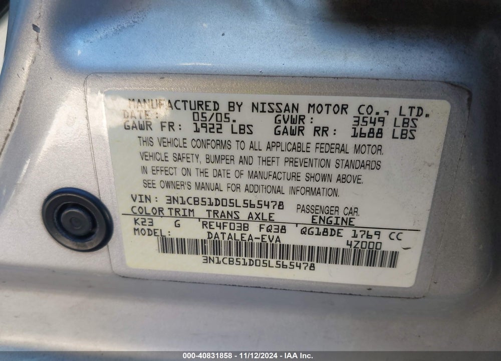 2005 NISSAN SENTRA 1.8S VIN: 3N1CB51D05L565478