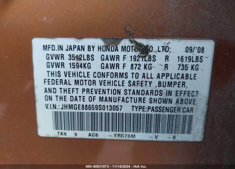 2009 HONDA FIT SPORT VIN: JHMGE88659S013057