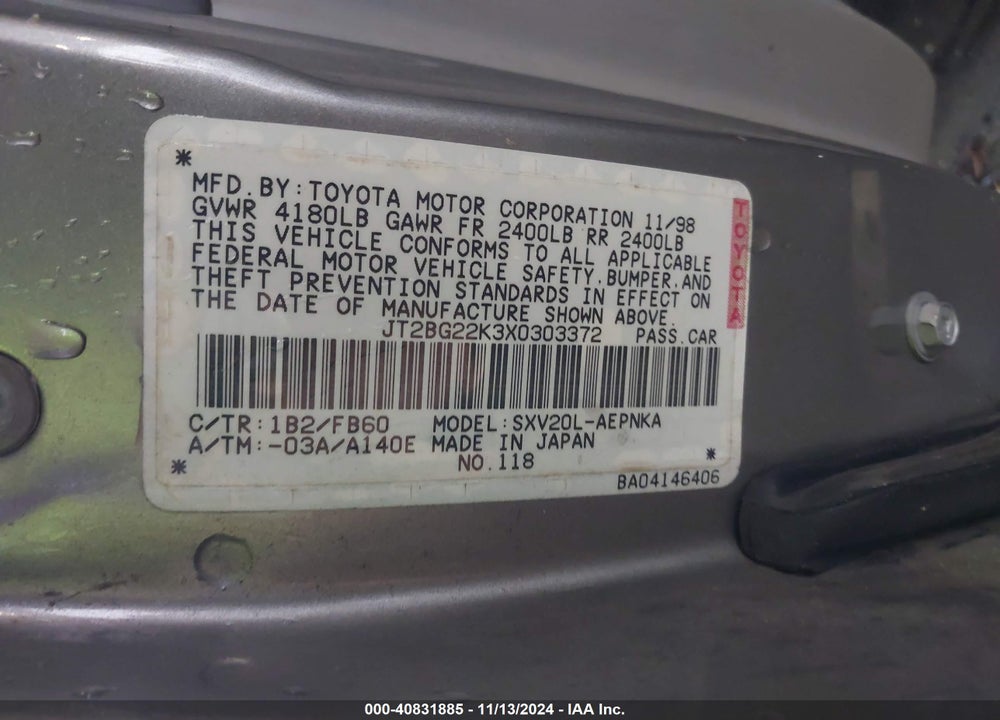 1999 TOYOTA CAMRY LE VIN: JT2BG22K3X0303372