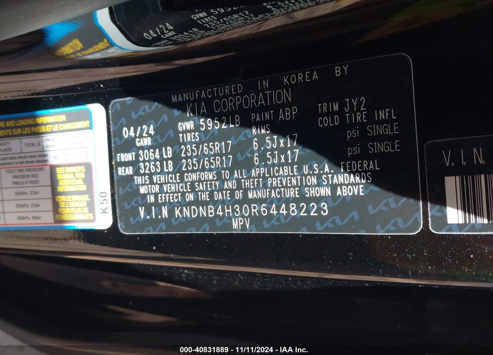 2024 KIA CARNIVAL MPV LX SEAT PACKAGE VIN: KNDNB4H30R6448223