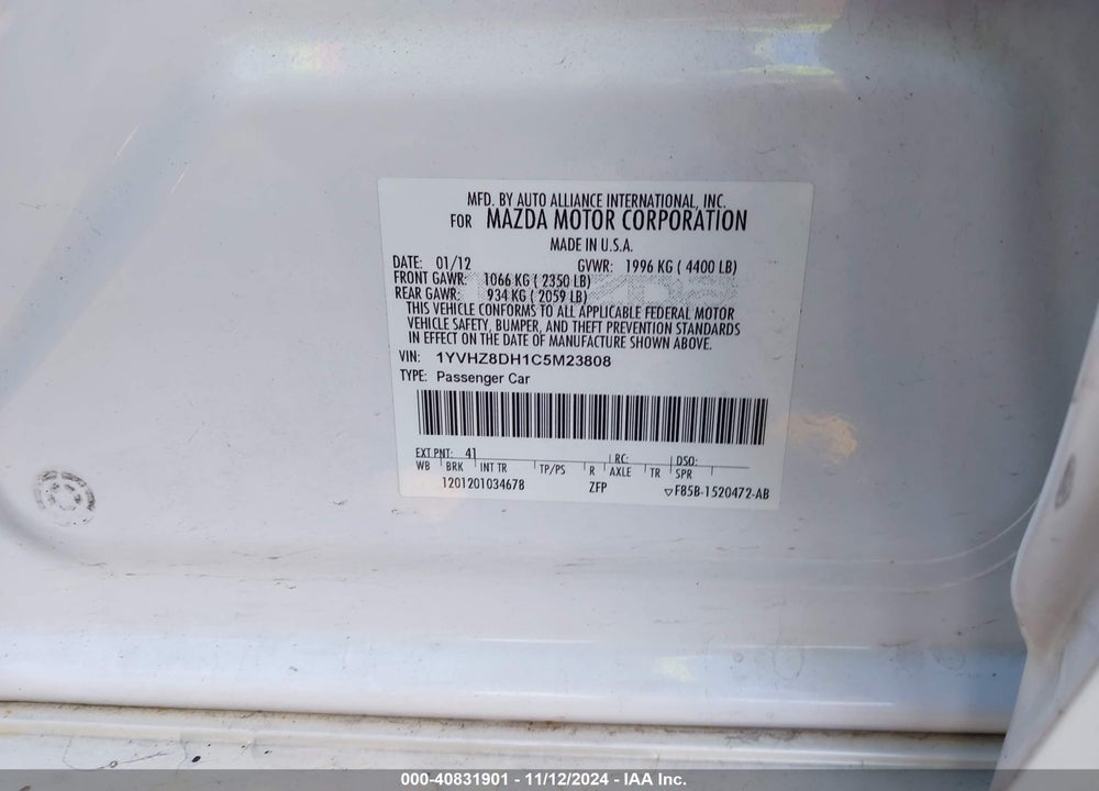 2012 MAZDA 6 I TOURING VIN: 1YVHZ8DH1C5M23808