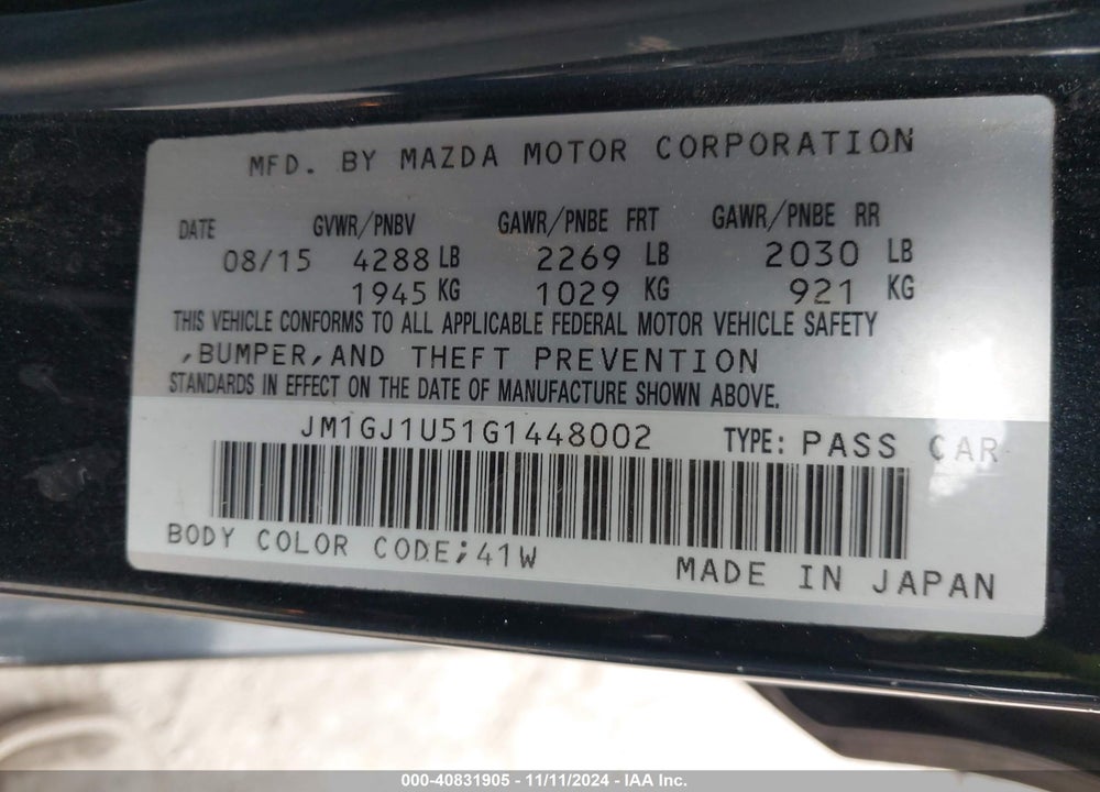 2016 MAZDA 6 I SPORT VIN: JM1GJ1U51G1448002