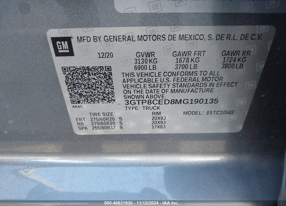 2021 GMC SIERRA 1500 2WD SHORT BOX ELEVATION VIN: 3GTP8CED8MG190135