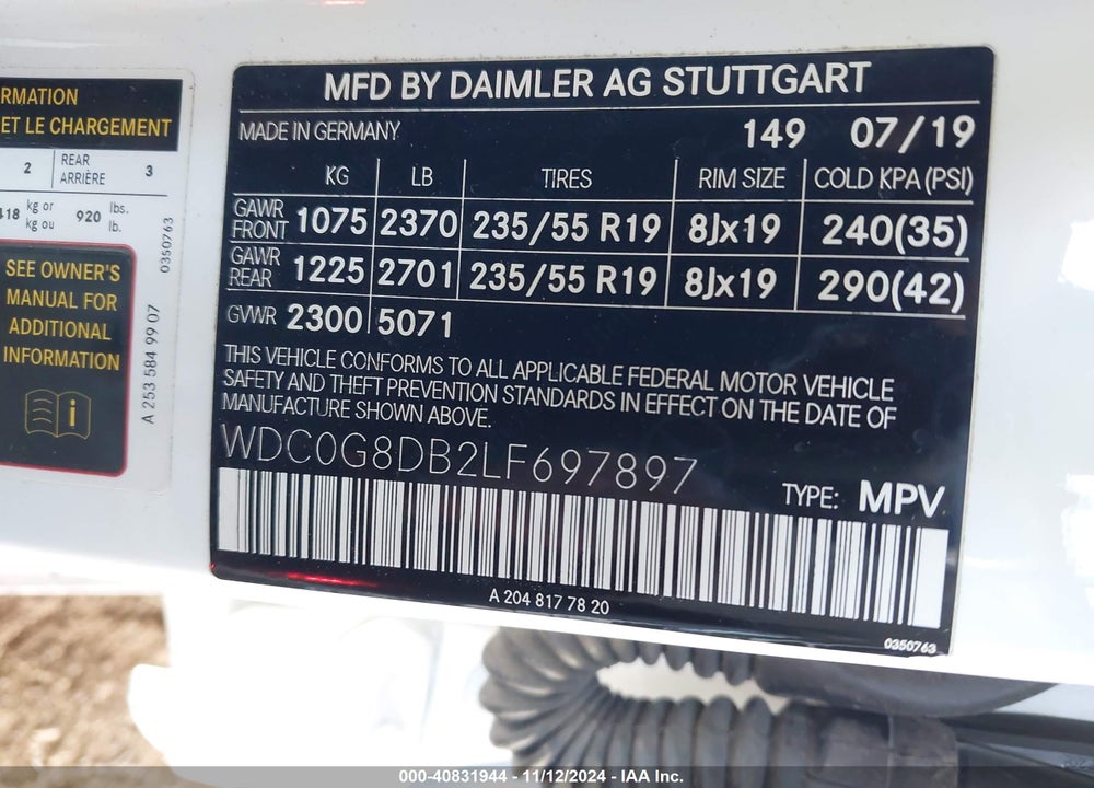 2020 MERCEDES-BENZ GLC 300 VIN: WDC0G8DB2LF697897