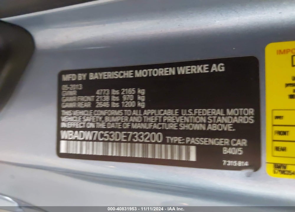 2013 BMW 328I VIN: WBADW7C53DE733200