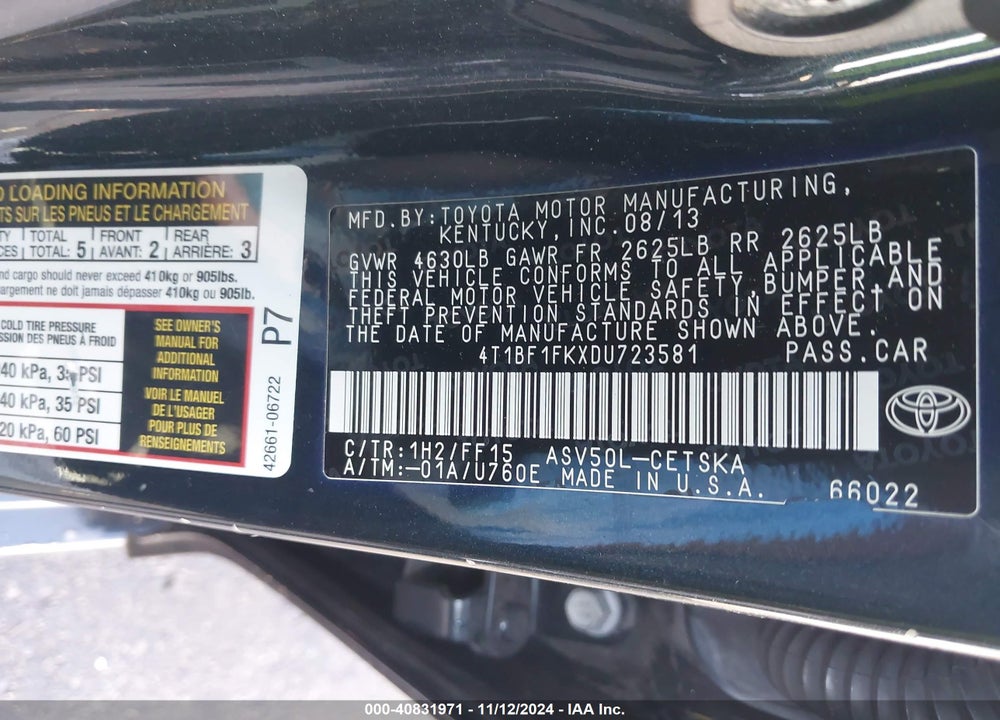 2013 TOYOTA CAMRY SE VIN: 4T1BF1FKXDU723581