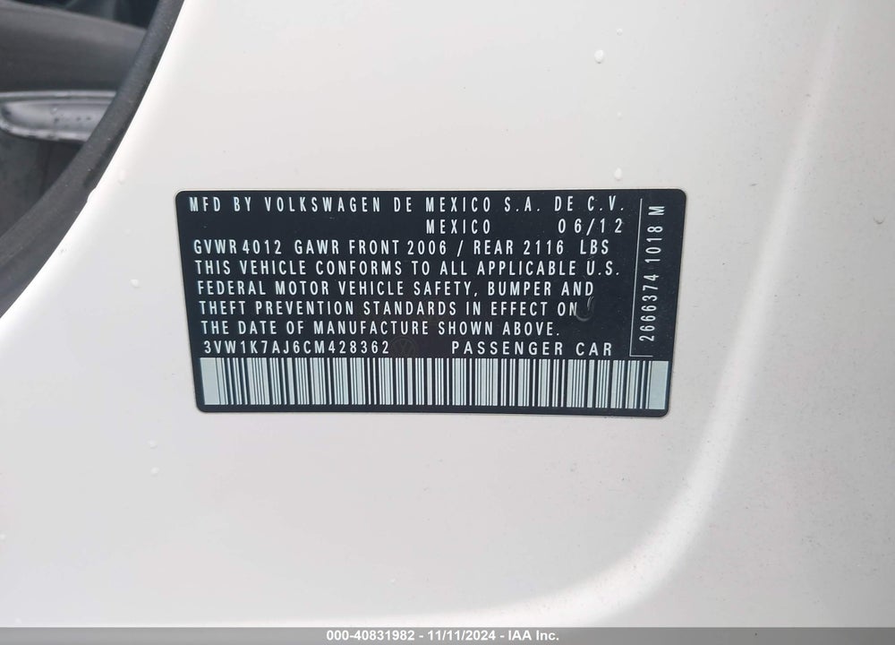 2012 VOLKSWAGEN JETTA 2.0L S VIN: 3VW1K7AJ6CM428362