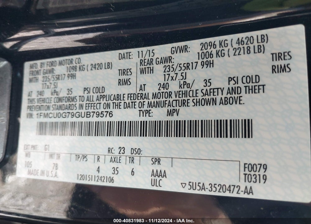 2016 FORD ESCAPE SE VIN: 1FMCU0G79GUB79576