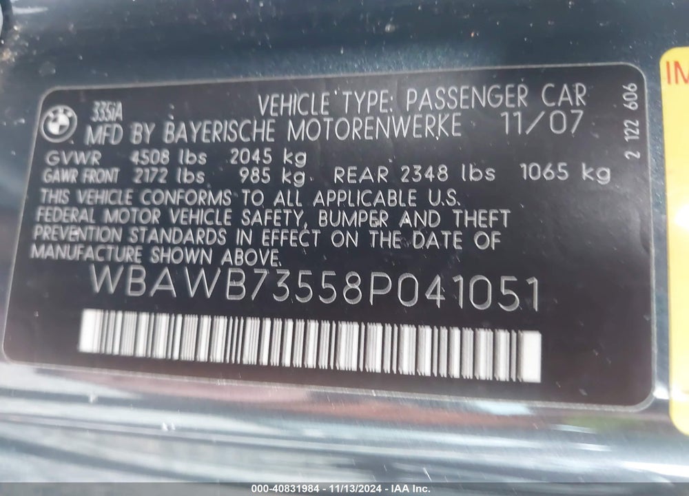 2008 BMW 335I VIN: WBAWB73558P041051