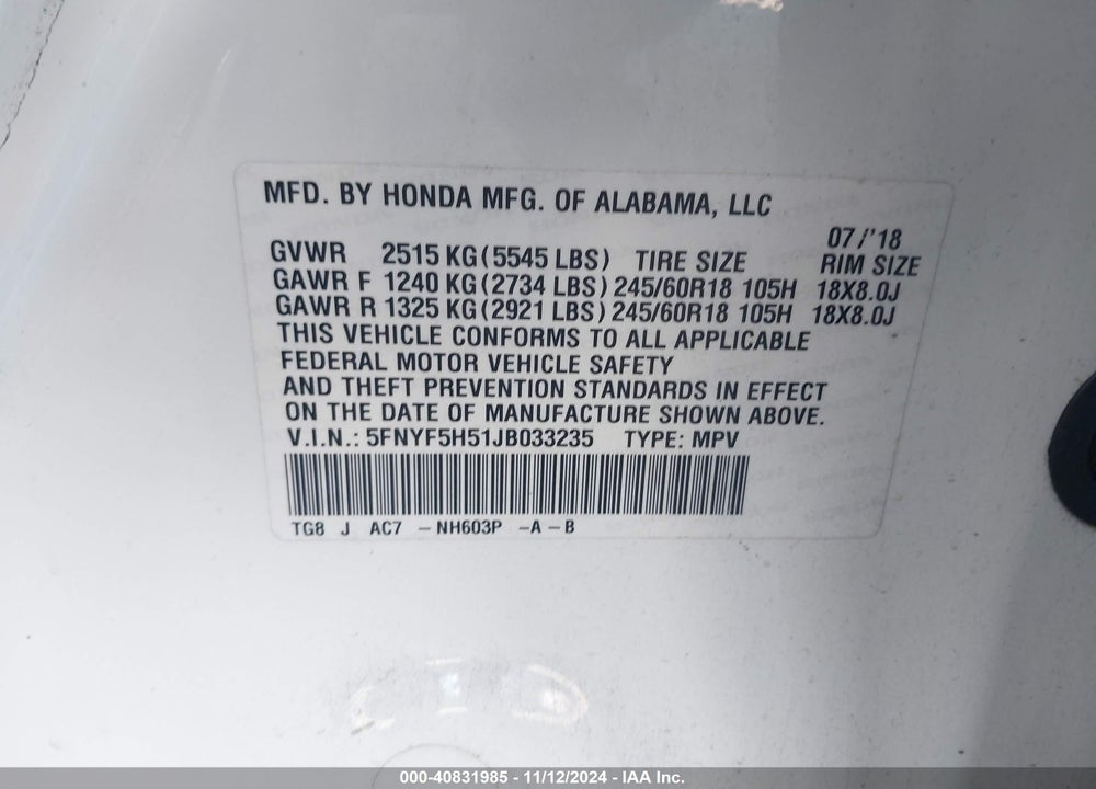 2018 HONDA PILOT EX-L VIN: 5FNYF5H51JB033235