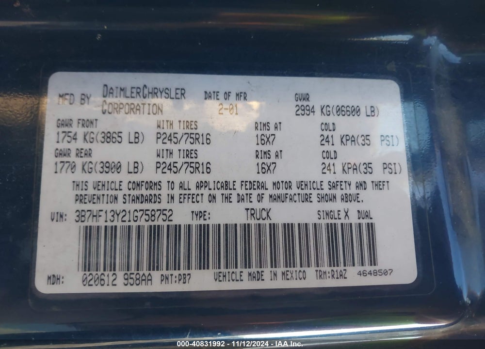 2001 DODGE RAM 1500 ST VIN: 3B7HF13Y21G758752