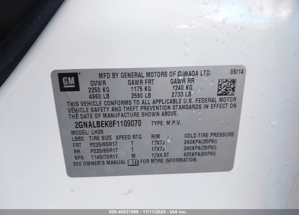 2015 CHEVROLET EQUINOX 1LT VIN: 2GNALBEK8F1109070