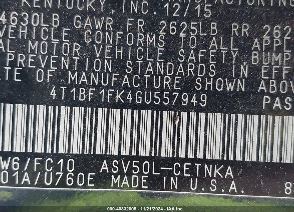 2016 TOYOTA CAMRY LE VIN: 4T1BF1FK4GU557949