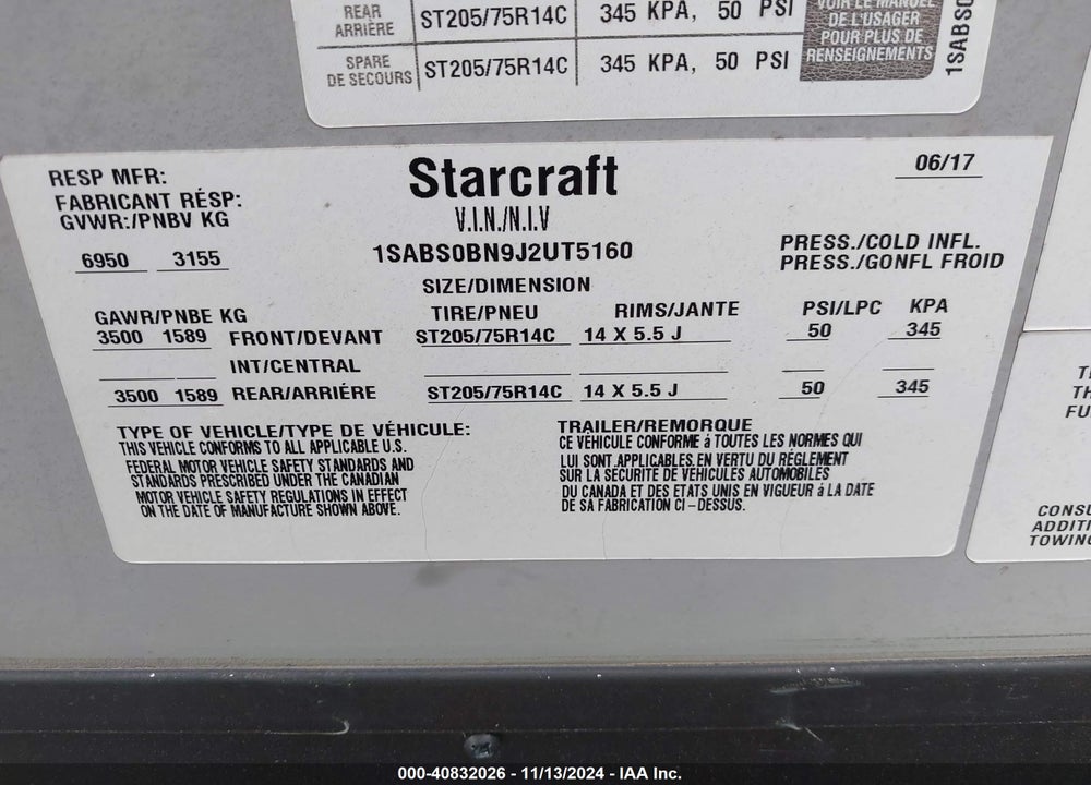 2017 STARCRAFT TRAVEL TRAILER VIN: 1SABS0BN9J2UT5160