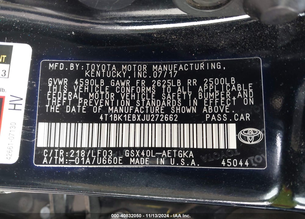 2018 TOYOTA AVALON XLE PREMIUM VIN: 4T1BK1EBXJU272662