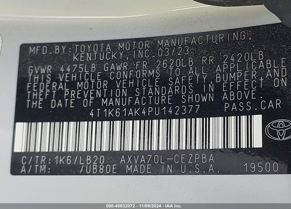 2023 TOYOTA CAMRY XSE VIN: 4T1K61AK4PU142377