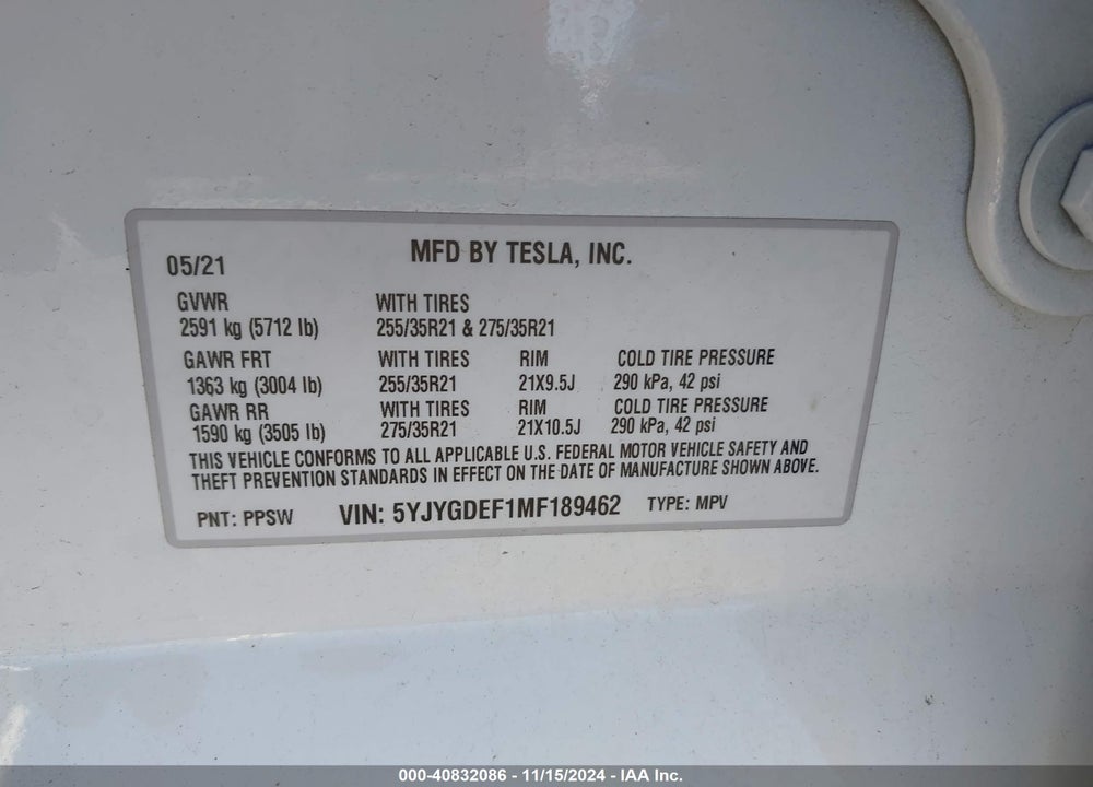 2021 TESLA MODEL Y PERFORMANCE DUAL MOTOR ALL-WHEEL DRIVE VIN: 5YJYGDEF1MF189462