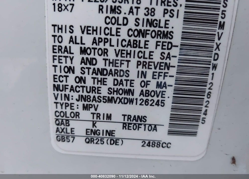 2013 NISSAN ROGUE SV W/SL PKG VIN: JN8AS5MVXDW126245