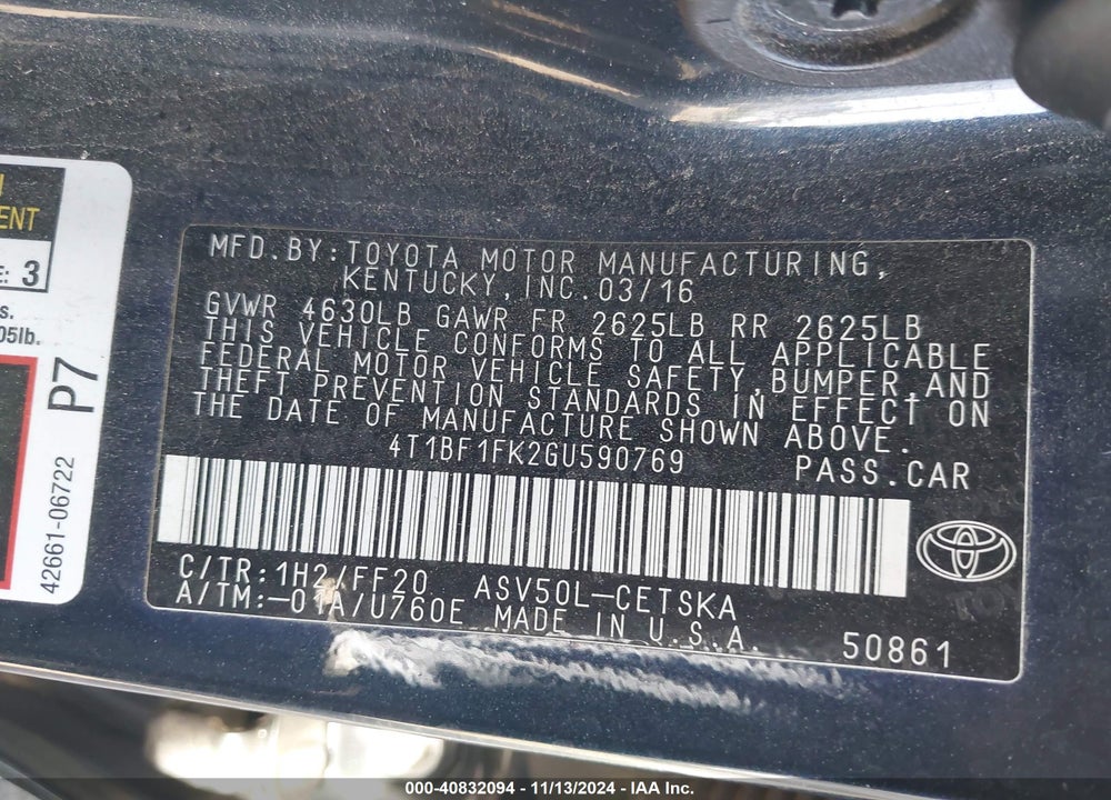 2016 TOYOTA CAMRY SE VIN: 4T1BF1FK2GU590769