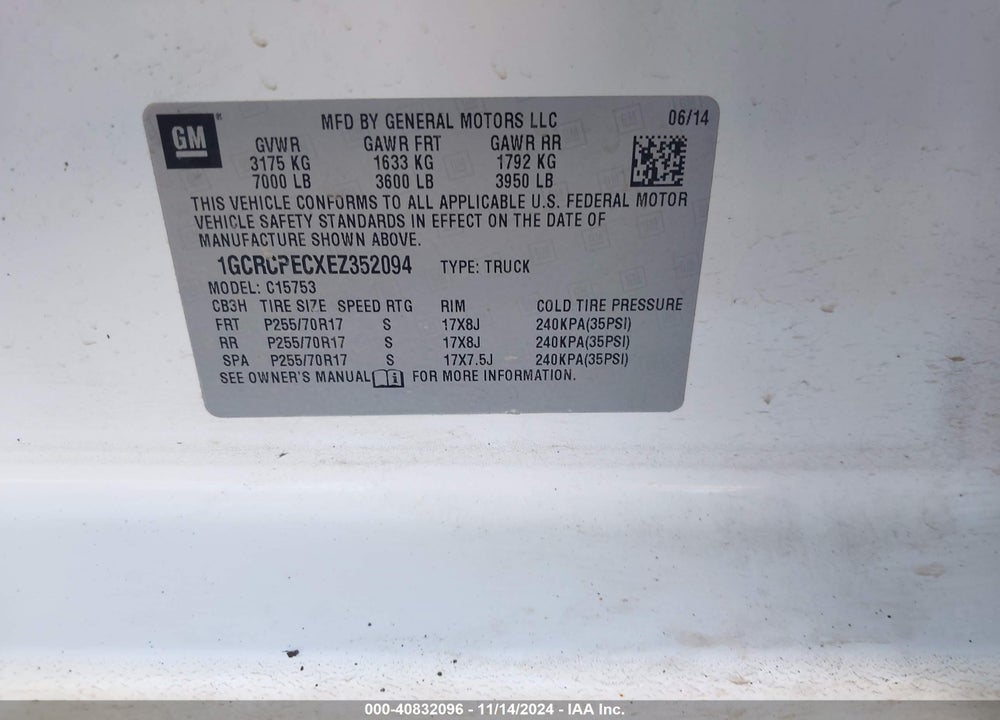 2014 CHEVROLET SILVERADO 1500 WORK TRUCK 1WT VIN: 1GCRCPECXEZ352094