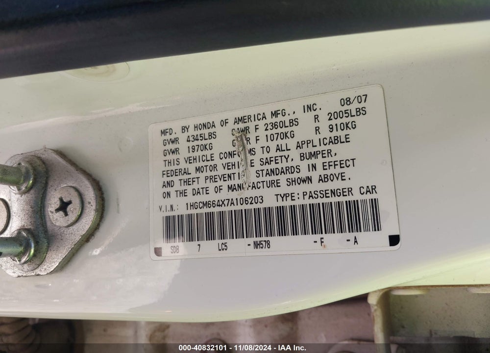2007 HONDA ACCORD 3.0 SE VIN: 1HGCM664X7A106203