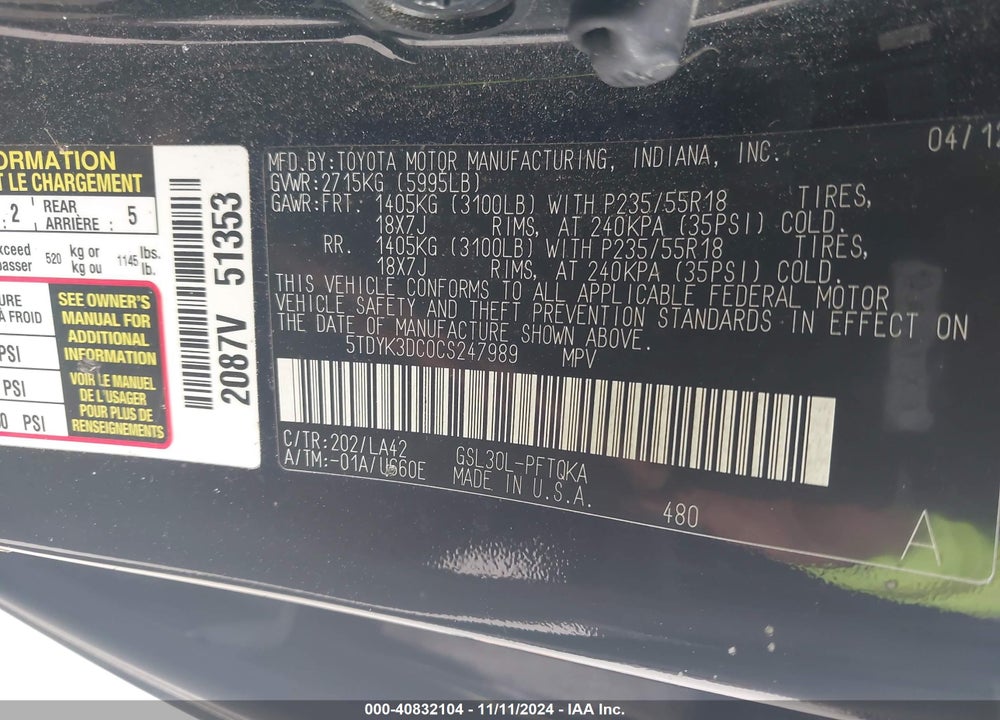 2012 TOYOTA SIENNA XLE LIMITED VIN: 5TDYK3DC0CS247989