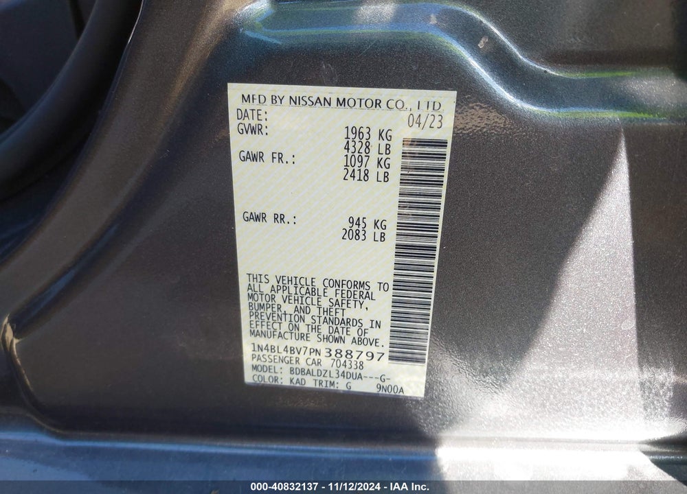 2023 NISSAN ALTIMA S FWD VIN: 1N4BL4BV7PN388797