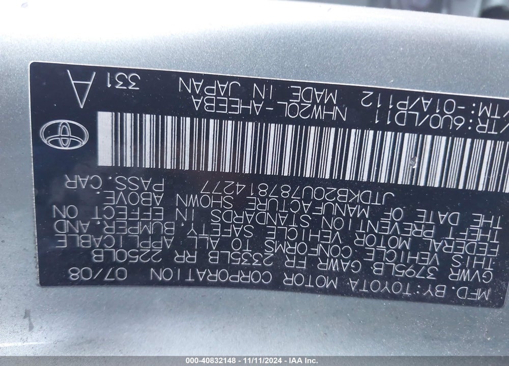 2008 TOYOTA PRIUS VIN: JTDKB20U787814277