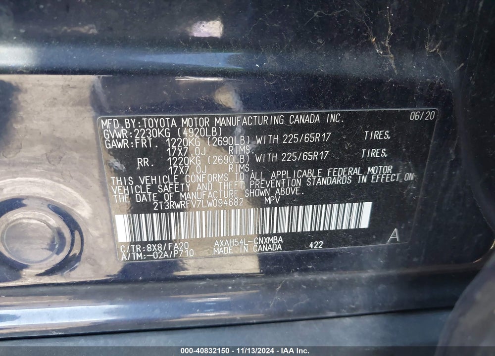 2020 TOYOTA RAV4 HYBRID XLE VIN: 2T3RWRFV7LW094682