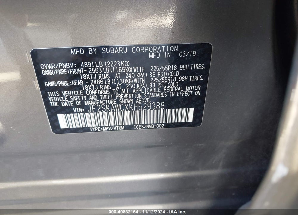 2019 SUBARU FORESTER TOURING VIN: JF2SKAWCXKH529388