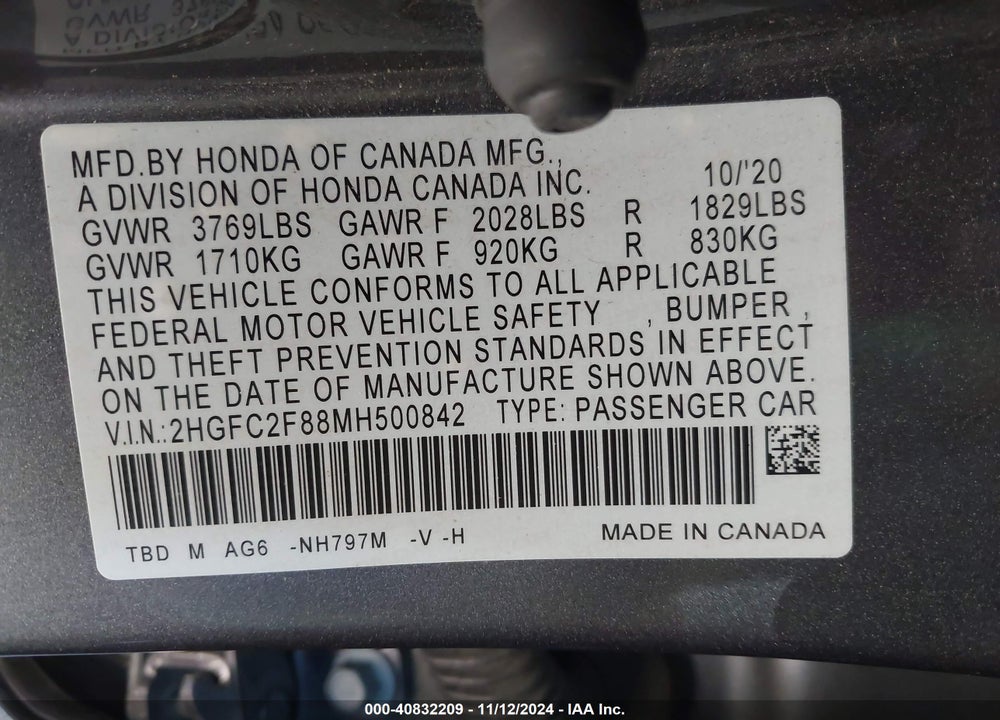 2021 HONDA CIVIC SPORT VIN: 2HGFC2F88MH500842