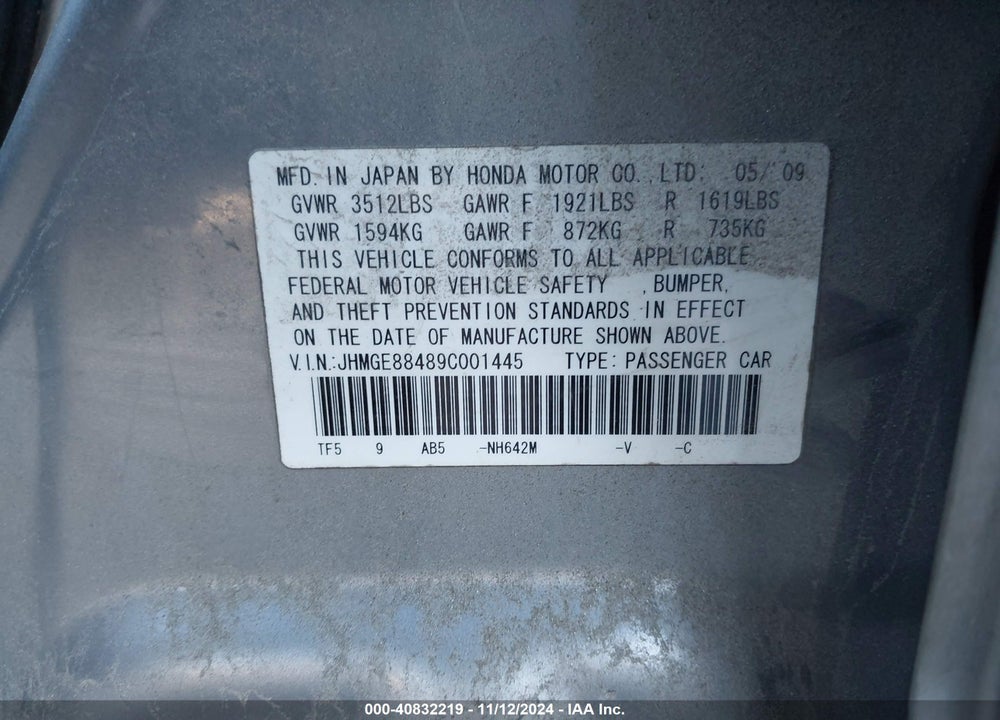 2009 HONDA FIT VIN: JHMGE88489C001445