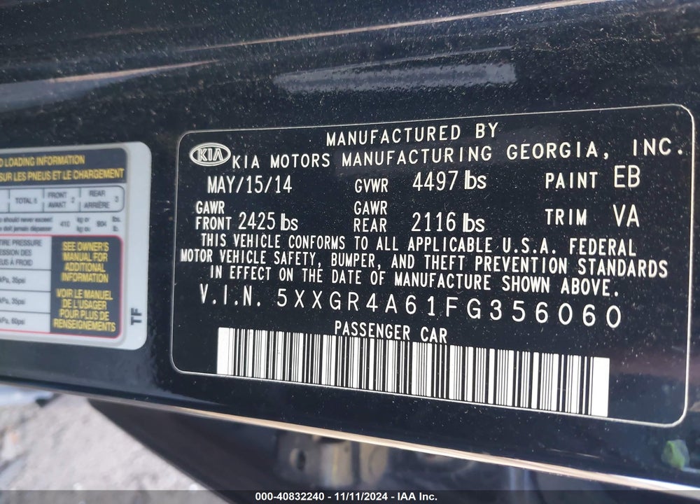 2015 KIA OPTIMA SX TURBO VIN: 5XXGR4A61FG356060