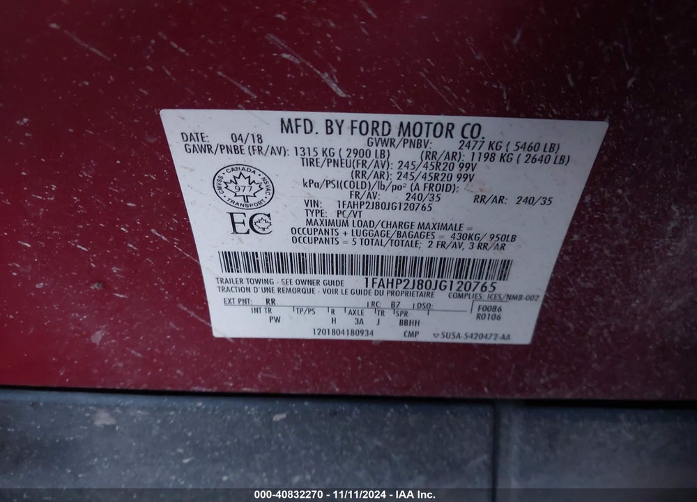 2018 FORD TAURUS LIMITED VIN: 1FAHP2J80JG120765