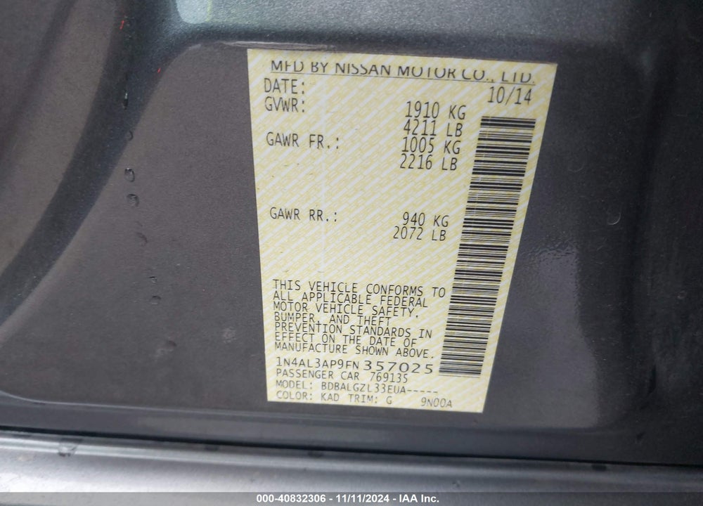 2015 NISSAN ALTIMA 2.5 S VIN: 1N4AL3AP9FN357025