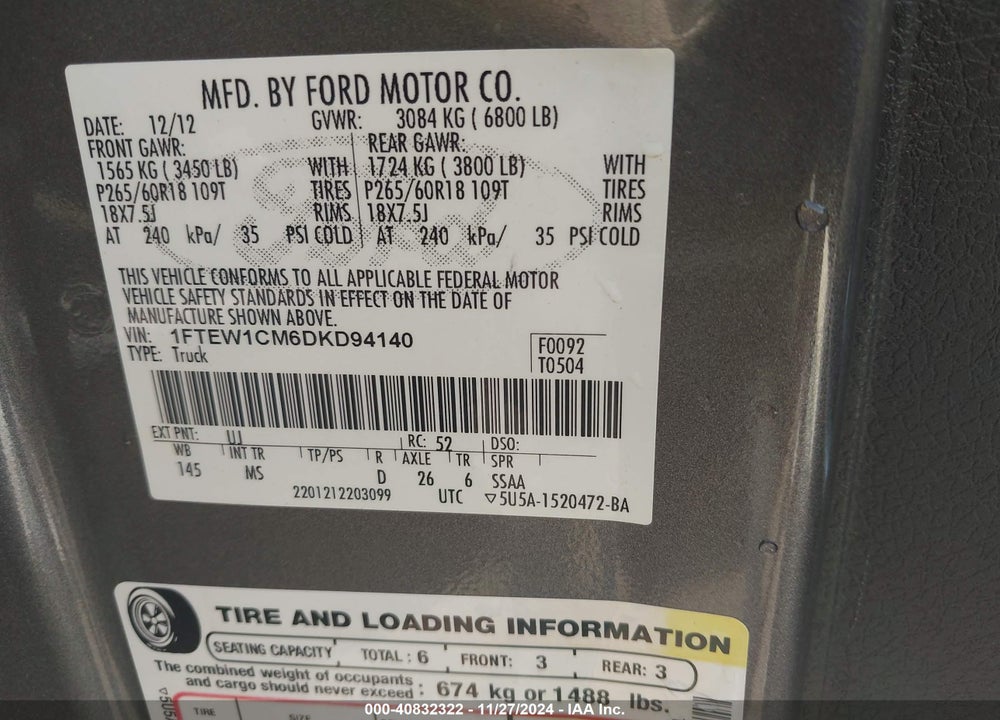 2013 FORD F-150 XLT VIN: 1FTEW1CM6DKD94140