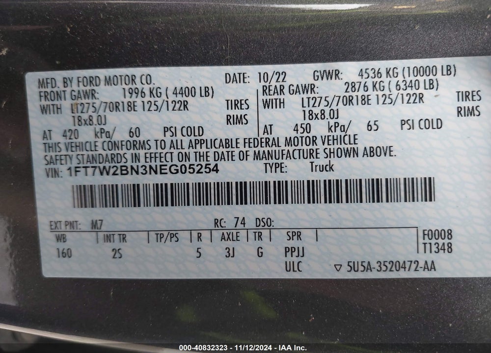 2022 FORD F-250 VIN: 1FT7W2BN3NEG05254