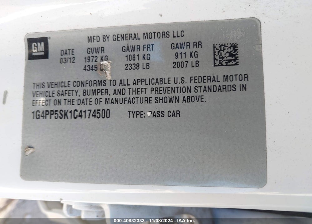 2012 BUICK VERANO VIN: 1G4PP5SK1C4174500