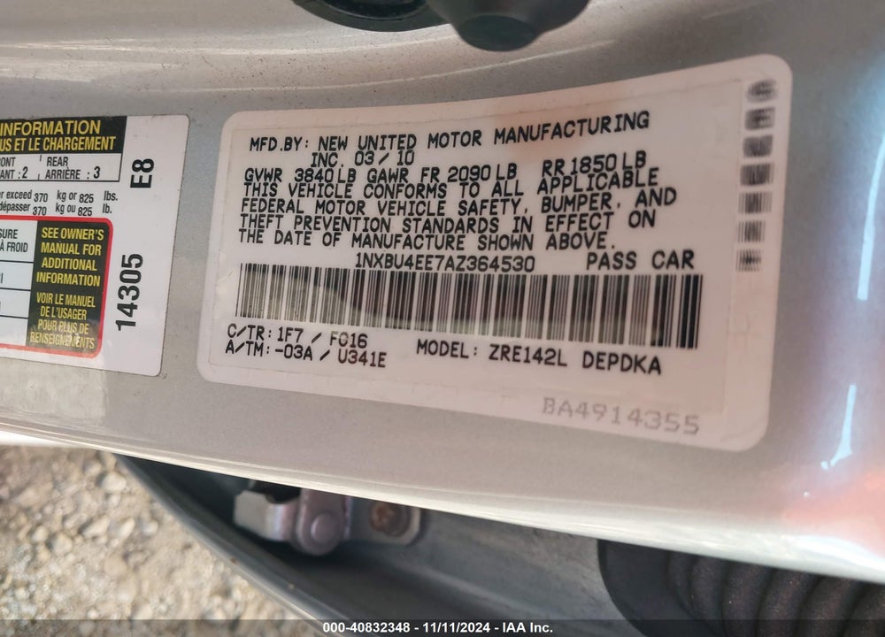 2010 TOYOTA COROLLA LE VIN: 1NXBU4EE7AZ364530
